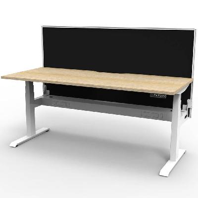 boost plus height adjustable single sided workstation with screen / cable tray 1200 x 750mm natural oak top / white frame / black screen 