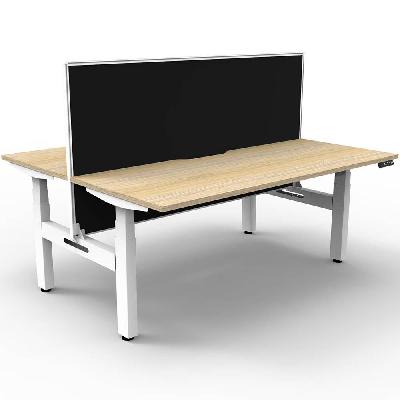 boost+ height adjustable double sided workstation with screen 1200 x 750mm natural oak top / white frame / black screen 