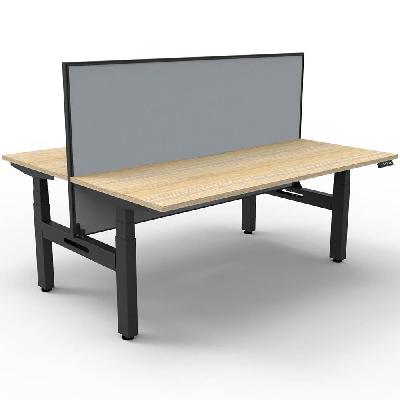 boost+ height adjustable double sided workstation with screen 1500 x 750mm natural oak top / black frame / grey screen 