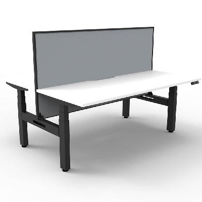 boost+ height adjustable double sided workstation with screen 1500 x 750mm natural white top / black frame / grey screen 