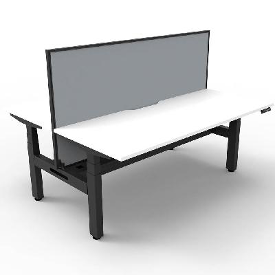 boost plus height adjustable double sided workstation with screen / cable tray 1200 x 750mm natural white top / black frame / grey screen 