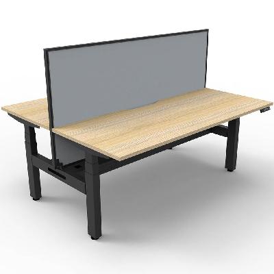 boost+ height adjustable double sided workstation with screen / cable tray 1800 x 750mm natural oak top / black frame / grey screen 