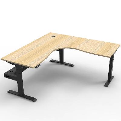 boost+ height adjustable corner workstation with cable tray 1800 x 1800 x 750mm natural oak top / black frame 