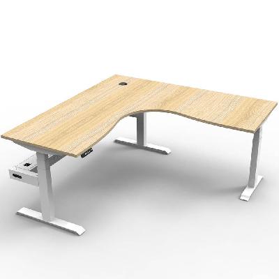 boost plus height adjustable corner workstation with cable tray 1800 x 1800 x 750mm natural oak top / white frame 