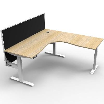 boost plus height adjustable corner workstation with screen 1500 x 1500 x 750mm natural oak top / white frame / black screen 
