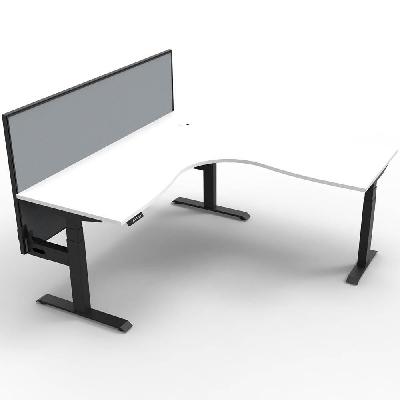 boost plus height adjustable corner workstation with screen 1500 x 1500 x 750mm natural white top / black frame / grey screen 