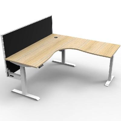 boost+ height adjustable corner workstation with screen 1800 x 1500 x 750mm natural oak top / white frame / black screen 