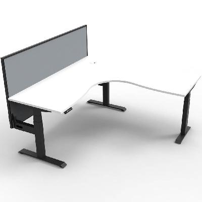 boost+ height adjustable corner workstation with screen 1800 x 1500 x 750mm natural white top / black frame / grey screen 