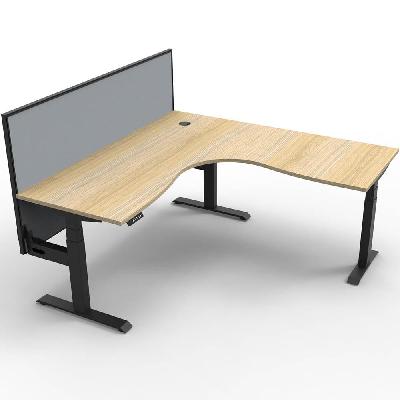 boost+ height adjustable corner workstation with screen 1800 x 1800 x 750mm natural oak top / black frame / grey screen 