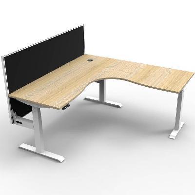 boost plus height adjustable corner workstation with screen 1800 x 1800 x 750mm natural oak top / white frame / black screen 