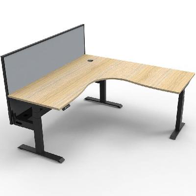boost plus height adjustable corner workstation with screen / cable tray 1500 x 1500 x 750mm natural oak top / black frame / grey screen 
