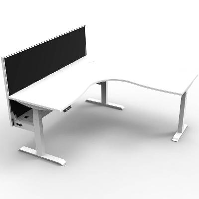 boost+ height adjustable corner workstation with screen / cable tray 1500 x 1500 x 750mm natural white top / white frame / black screen 