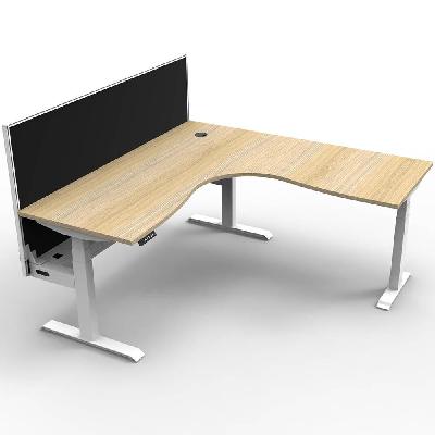 boost plus height adjustable corner workstation with screen / cable tray 1800 x 1500 x 750mm natural oak top / white frame / black screen 