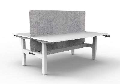 boost crank back to back workstation 1500mm w x 750mm d natural white top & white satin frame with cable tray with 27mm t eco panel screen in marble grey pet 
