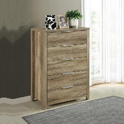 tallboy with 5 storage drawers natural wood like mdf in oak colour