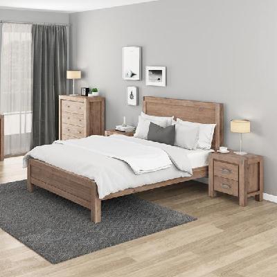 4 pieces bedroom suite in solid wood veneered acacia construction timber slat double size oak colour bed, bedside table & tallboy