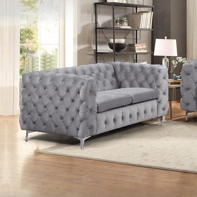 2 seater sofa classic button tufted lounge in grey velvet fabric with metal legs