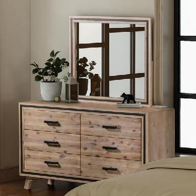 dresser with 6 storage drawers in solid acacia with mirror in silver brush colour