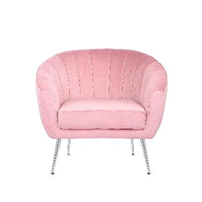 arm chair light pink velvet wooden frame iron legs in silver colour