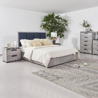 queen 4 pcs bedroom suite with tallboy fabric upholstery mdf combination of black & cement colour