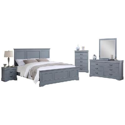 5 pieces bedroom suite in solid wood & mdf king size grey colour bed, bedside table, dresser & tallboy