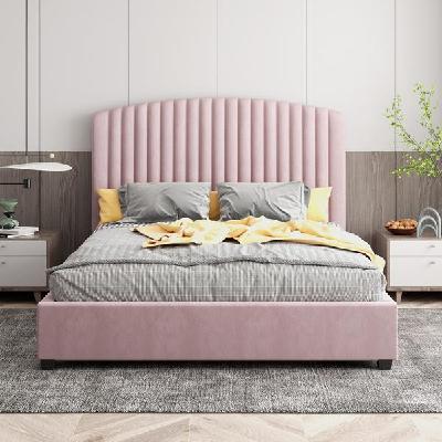 king single size bed frame pink velvet upholstery high headboard quality slats metal structure