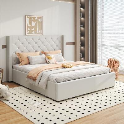 bed frame double size winged grey linen fabric seam grid pattern with gas lift plywood metal structure
