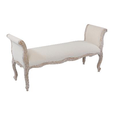 oak wood linen fabric beige white washed finish bench chair