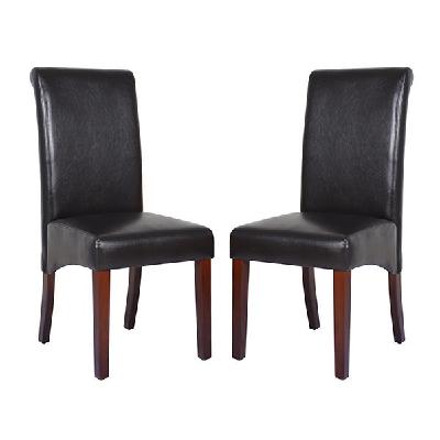 2x wooden frame brown leatherette dining chairs with solid pine legs
