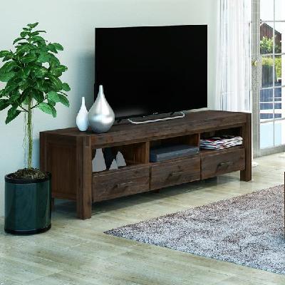 tv cabinet with 3 storage drawers with shelf solid acacia wooden frame entertainment unit in chocolate colour