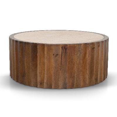 avanti 89cm travertine top round coffee table - walnut