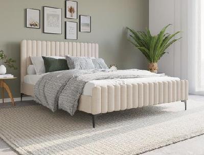 emily beige fabric black legs bed frame queen 