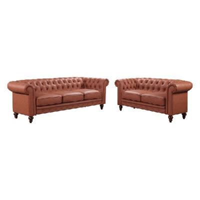 3+2 seater brown sofa lounge chesterfield style button tufted in faux leather 