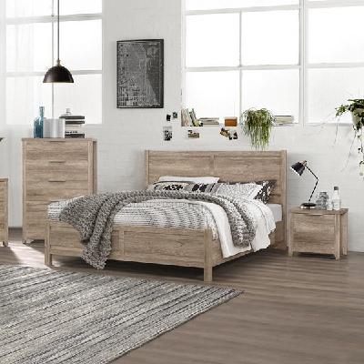4 pieces bedroom suite natural wood like mdf structure queen size oak colour bed, bedside table & tallboy 