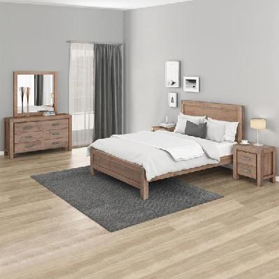 4 pieces bedroom suite in solid wood veneered acacia construction timber slat queen size oak colour bed, bedside table & dresser 