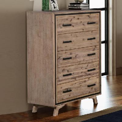 tallboy with 5 storage drawers solid acacia wooden frame in silver brush colour 