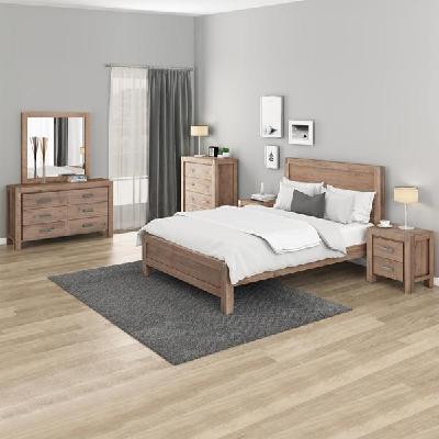 5 pieces bedroom suite in solid wood veneered acacia construction timber slat queen size oak colour bed, bedside table , tallboy & dresser 