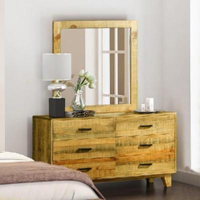 dresser with 6 storage drawers in solid acacia with mirror in vintage light brown colour 
