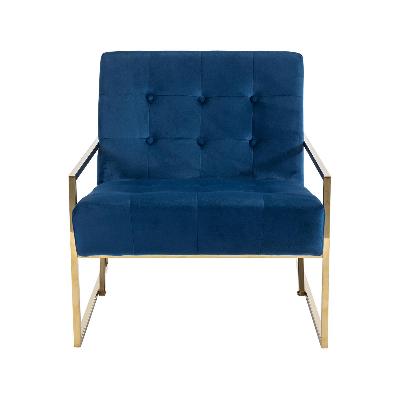 arm chair velvet upholstery blue colour wooden frame high density foam metal base with gold paint 