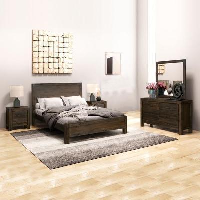 4 pieces bedroom suite in solid wood veneered acacia construction timber slat double size chocolate colour bed, bedside table & dresser 