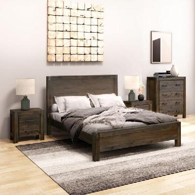4 pieces bedroom suite in solid wood veneered acacia construction timber slat queen size chocolate colour bed, bedside table & tallboy 