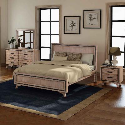 4 pieces bedroom suite king size silver brush in acacia wood construction bed, bedside table & dresser 