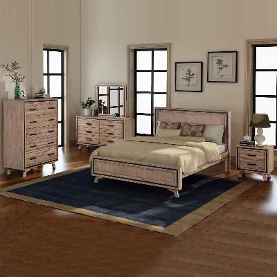 5 pieces bedroom suite queen size silver brush in acacia wood construction bed, bedside table, tallboy & dresser 