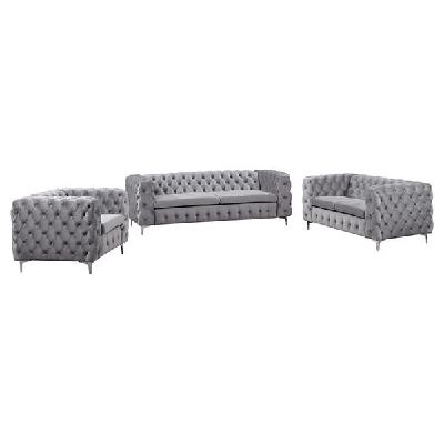 3+2+1 seater sofa classic button tufted lounge in grey velvet fabric with metal legs