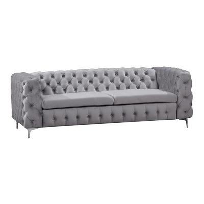 3 seater sofa classic button tufted lounge in grey velvet fabric with metal legs