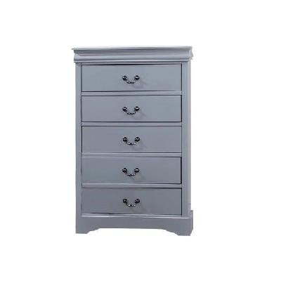 tallboy with 5 storage drawers in solid wooden metal handles grey colour 