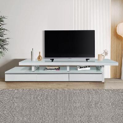 tv cabinet with 3 storage drawers extendable with glossy mdf entertainment unit in white color 