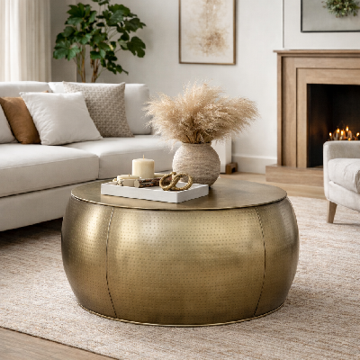 brass look drum coffee table