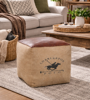 polo canvas and leather square ottoman