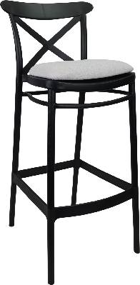 siesta cross bar stool 65cm (counter height) - black with light grey fabric cushion 